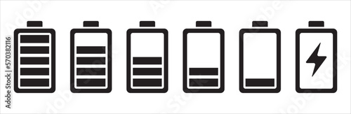 Battery icon set. Battery charging level sign. Charge capacity levels percentage illustration. Vector simple design