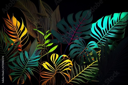 Dark green tropical leaves colorful neon light, backlight, leaves composition, plant background, manstera, palm leaves. Generative AI