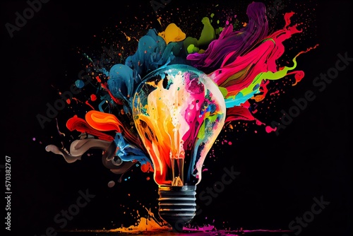 Lightbulb eureka moment with Impactful and inspiring artistic colourful explosion of paint energy. Generative AI photo