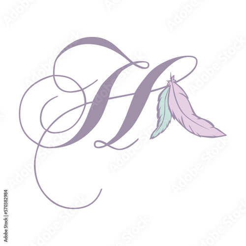 bohemian feather, boho letter h