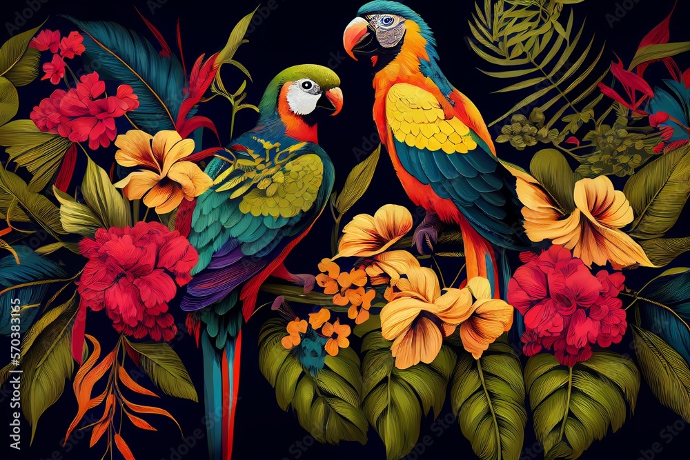 Fototapeta premium Tropical exotic pattern with parrots and flowers in bright colors. Generative AI