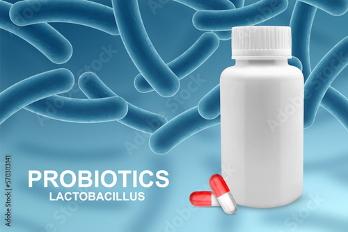 Probiotics banner template. Probiotic in capsule with lactobacillus on background. EPS10 vector