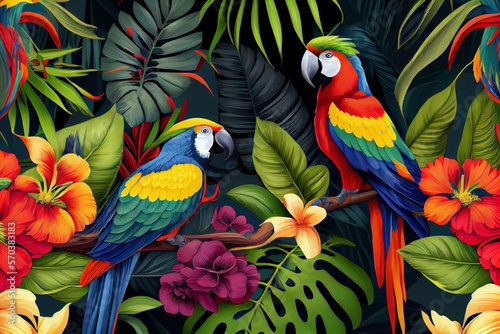 Tropical exotic pattern with parrots and flowers in bright colors. Generative AI © Pixel Matrix