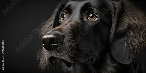 close up portrait of a dog, simple dark background banner. generativ ai 