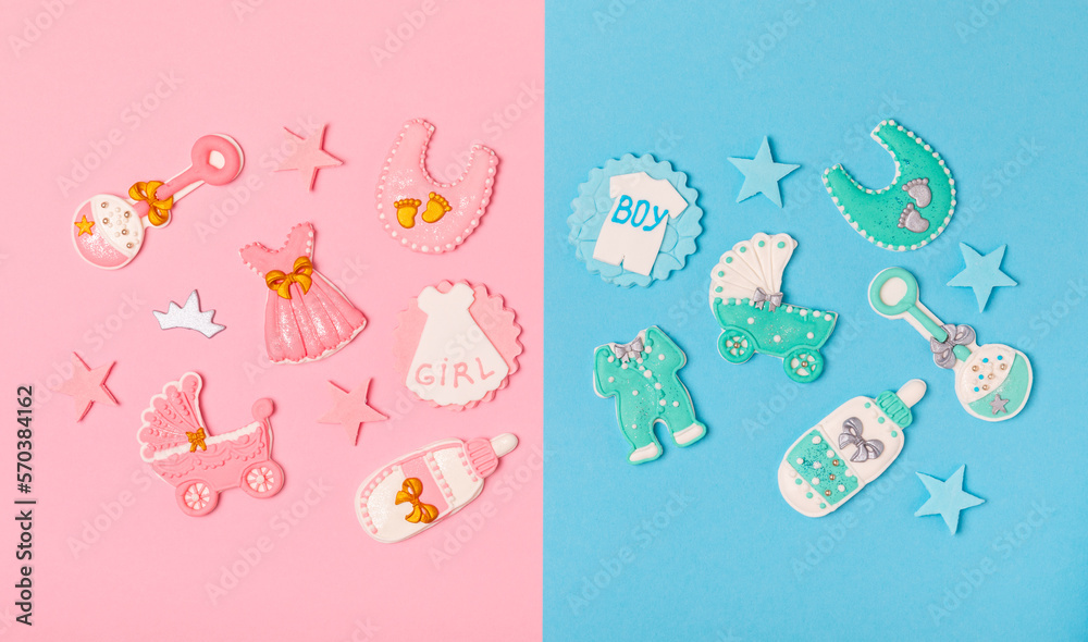 Baby shower cookies on a colorful bright background. Delicious cookies for a baby party. Baby shower party concept. Flat lay. View from above. candy bar Baby shower cookies on a colorful bright background. Delicious cookies for a baby party. Baby shower party concept. Flat lay. View from above. candy bar