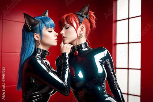 Samolepka Two women in latex red catsuits are posing for a picture together in a dark room with a window