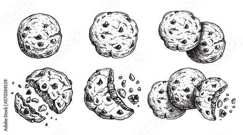 Hand drawn sketch style chocolate chip cookies set. Single whole and crumbled biscuits. Vintage retro ink style vector illustrations. Best for package and menu design. Isolated on white background.
