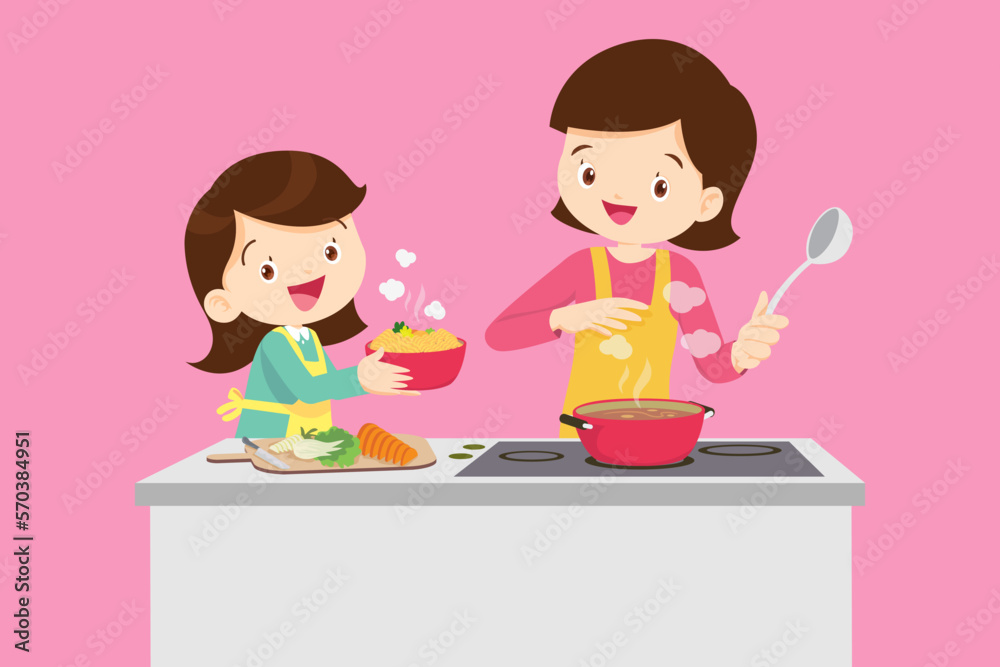 happy family with mom and children cooking in kitchen happy family with mom and children cooking in kitchen