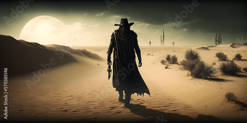 scary dark man walking across the desert, fantasy landscape illustration generativ ai