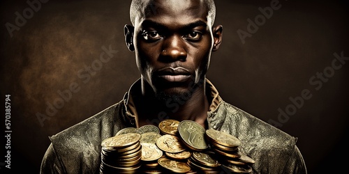 Afroamerikanischer Mann mit vielen Gold Münzen zeigt, dass er reich ist. ai generativ photo
