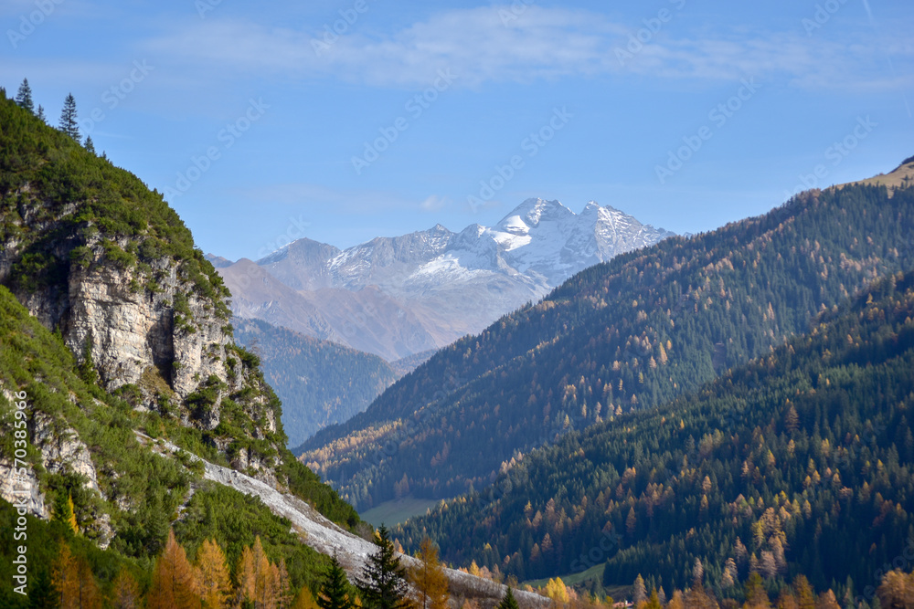 Fototapeta premium Autumn in the Austrian Alps. Village of Mittelberg in Kleinwalsertal in the Allgau Alps.