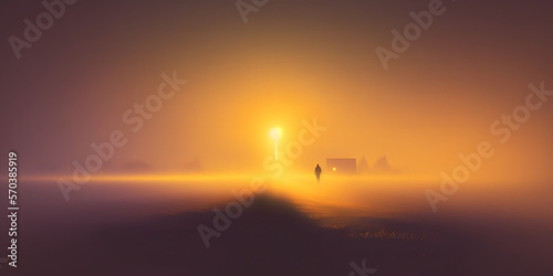fog in the morning farming field, background sunset illumination, illustration generativ ai