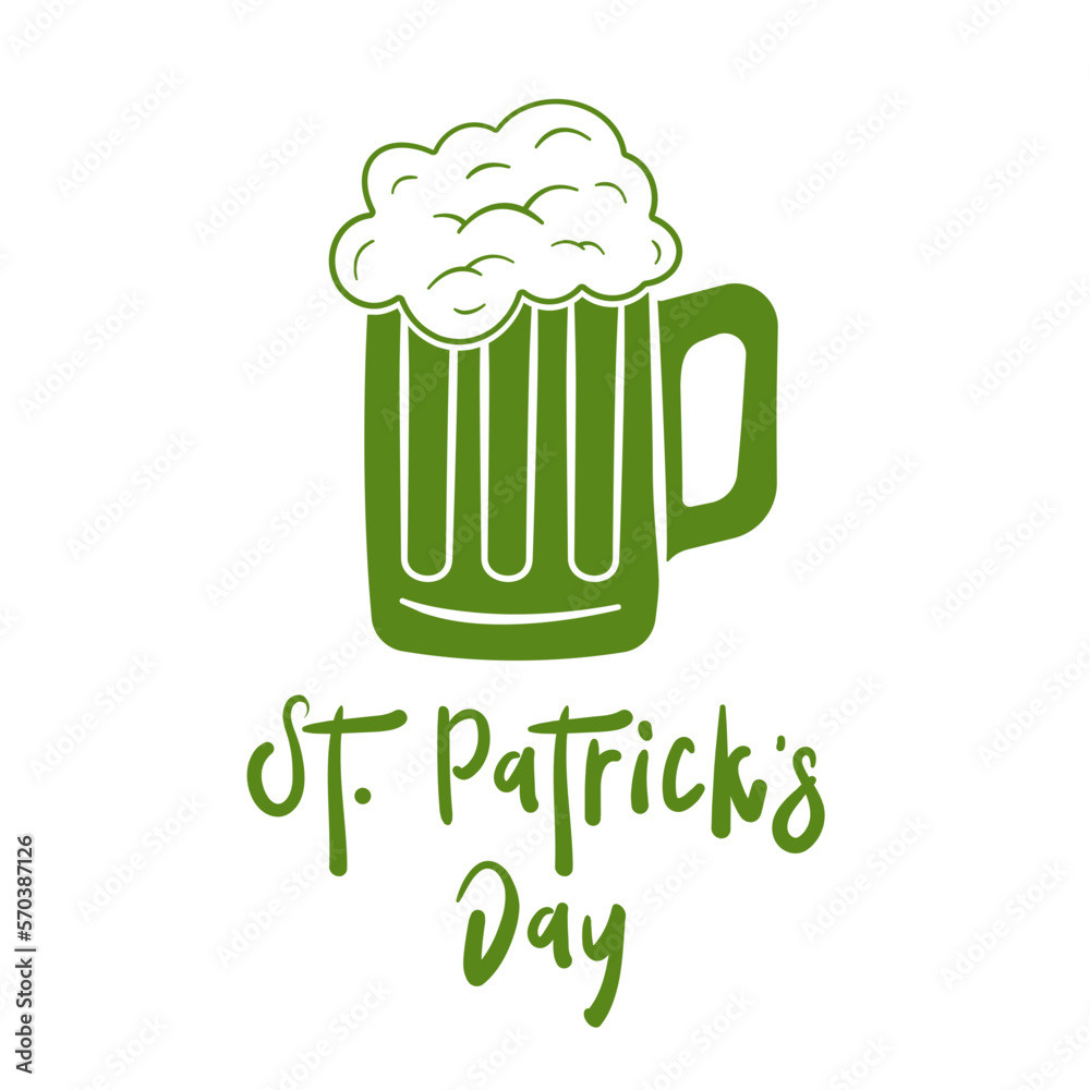 St. Patrick's Day. Lettering and beer mug. Cartoon. Vector illustration. Isolated on white background St. Patrick's Day. Lettering and beer mug. Cartoon. Vector illustration. Isolated on white background