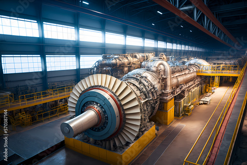Turbine shop of energy power generation station. Disassembled turbine for repair and inspection. Generation AI