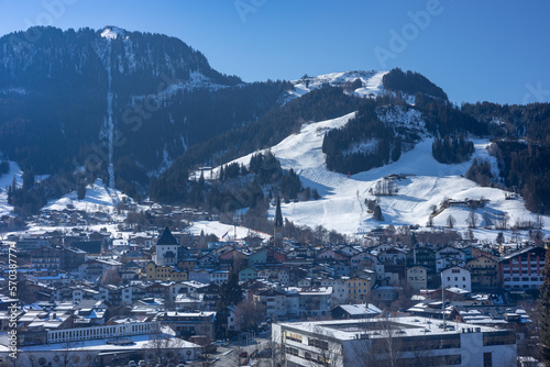 View of Kitzbühel  in winter, with Streif and Hahnenkamm - Kitzbühel, Tirol, Austria