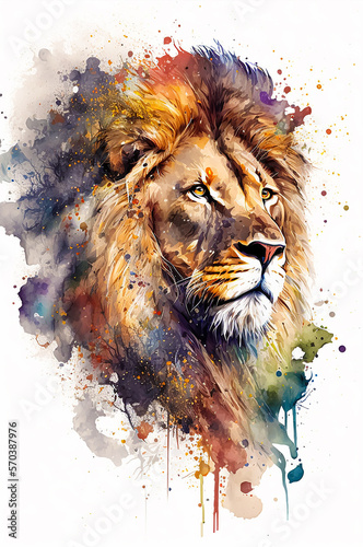 Watercolor lion cartoon style. Minimaliste style, infinite color, particule effect hair, Generative AI