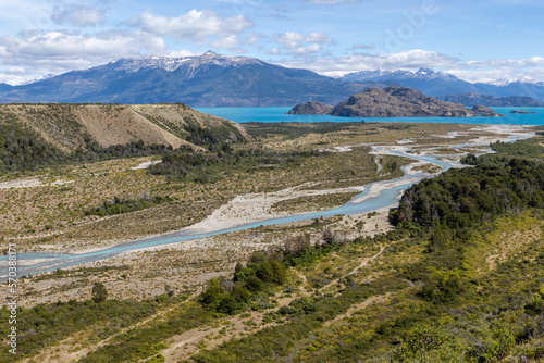 Aerial View of a creek flowing to the beautiful Lago General Carrera in southern Chile - Traveling the Carretera Austral 