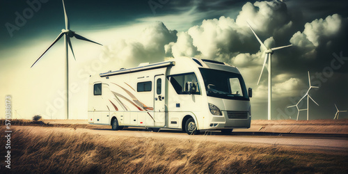 Motorhome near wind turbines eolic renewable energy. Generative AI.3 photo