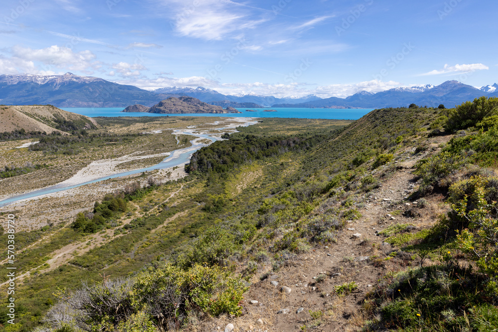 Aerial View of a creek flowing to the beautiful Lago General Carrera in southern Chile - Traveling the Carretera Austral Aerial View of a creek flowing to the beautiful Lago General Carrera in southern Chile - Traveling the Carretera Austral