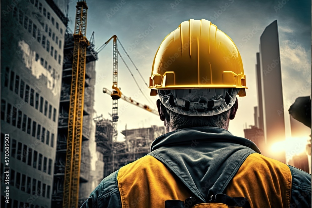construction of a skyscraper, view of a worker in a orange helmet from behind, ai generative