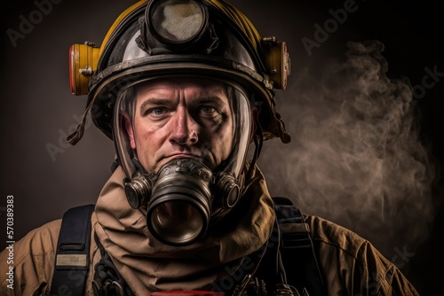 Close up portrait of a serious fireman wears an oxygen mask on his face and protective helmet. Nice cinematic atmosphere lighting , person created by AI generative. © Nataly