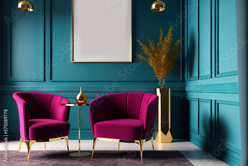 Viva magenta 2023 accent room. Luxury interior design with bright rich furniture. Classic burgundy wall mockup. Light blue deep armchair. Minimal interior design living lounge reception. Generative AI photo