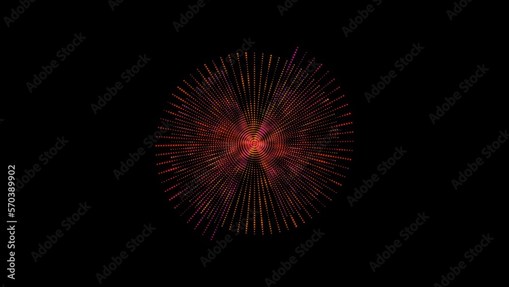 Psychedelic spiral rings and dots on dark space, abstract corporate, business and futuristic style background. 3D rendering