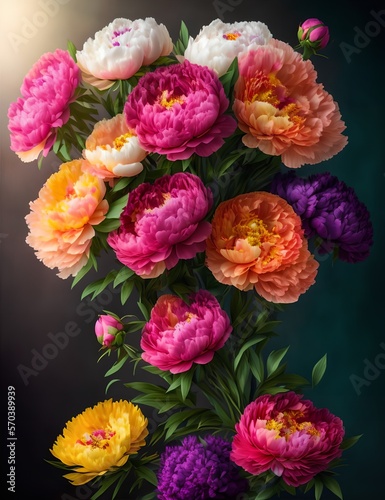Romantic festive bouquet of flowers, peonies, roses, chrysanthemums, congratulations, postcard, wedding flowers © Alena