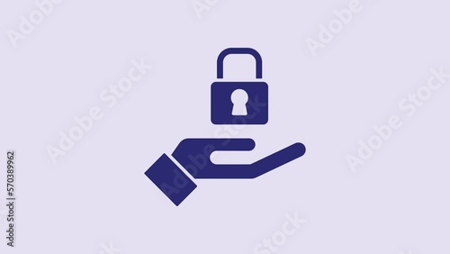 Blue Lock in hand icon isolated on purple background. Padlock sign. Security, safety, protection, privacy concept. 4K Video motion graphic animation