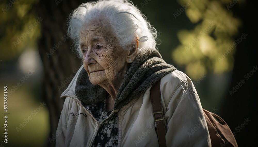 Sad grandmother walking in the park. Loneliness in old age. ia generate