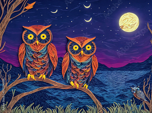 Paisaje de una Hermoso Cielo Nocturno con Búhos, IA Generativa