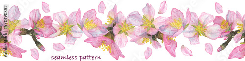 Seamless banner pattern with a flowering branch of a fruit tree - cherry, apple, almond. Watercolor illustration.
