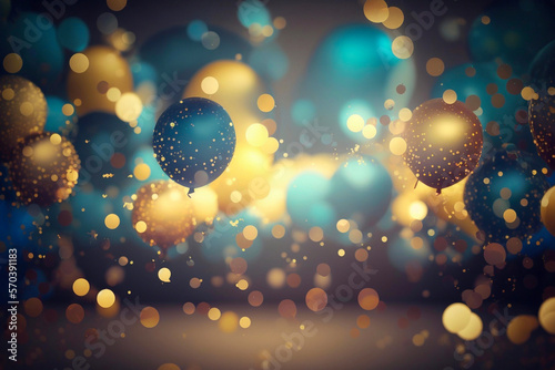 Festive background with golden and blue balloons falling confetti blurry background and a bokeh lights. Generative AI