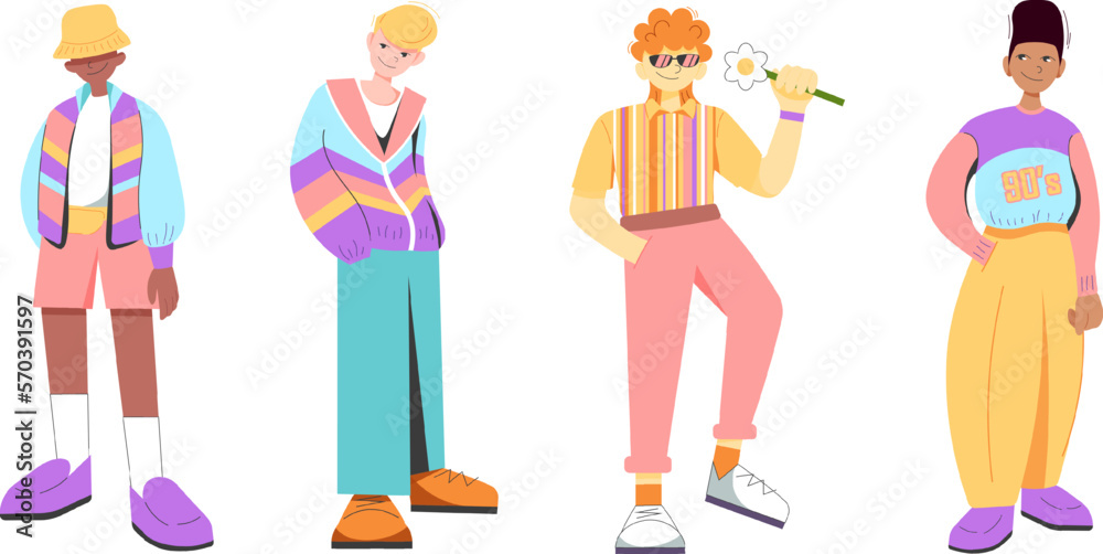 Flat retro design. Groovy, 90s fashion. Set of men in 90's sports style. Black man, guy, blond, redhead in 90's clothing. Cool flat men Flat retro design. Groovy, 90s fashion. Set of men in 90's sports style. Black man, guy, blond, redhead in 90's clothing. Cool flat men