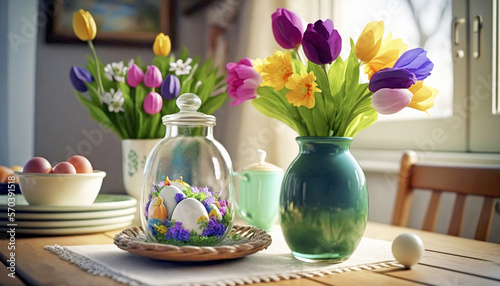 Easter morning, kitchen, table, vases with flowers, tulips glass jar with Easter eggs, space for text. Generated AI © HelgaQ