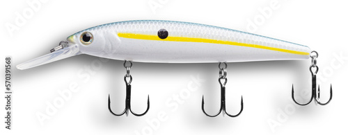 Large fishing lure with three treble hooks and shadow