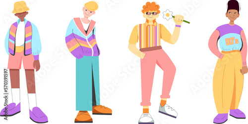 Flat retro design. Groovy, 90s fashion. Set of men in 90's sports style. Black man, guy, blond, redhead in 90's clothing. Cool flat men