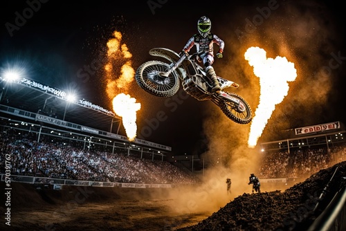 Supercross Rider in Action Flying at Stadium photo