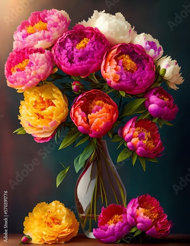 Romantic festive bouquet of flowers, peonies, roses, chrysanthemums, congratulations, postcard, wedding flowers