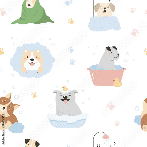 Seamless patterns with funny washing dogs of different breeds