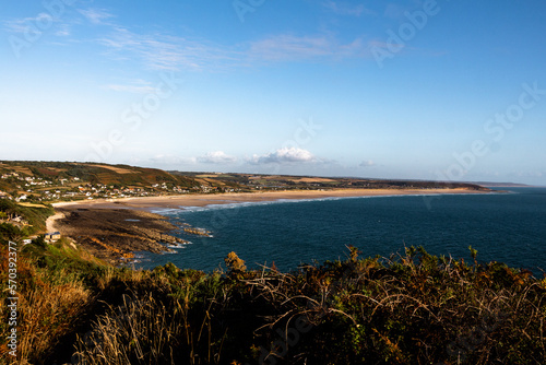 Panoramic view over the bay and beach of Sciotot, coming from Flmanville over GR223, Normandy, France