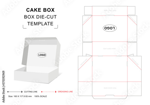 Cake box die cut template with 3D blank vector mockup for food packaging