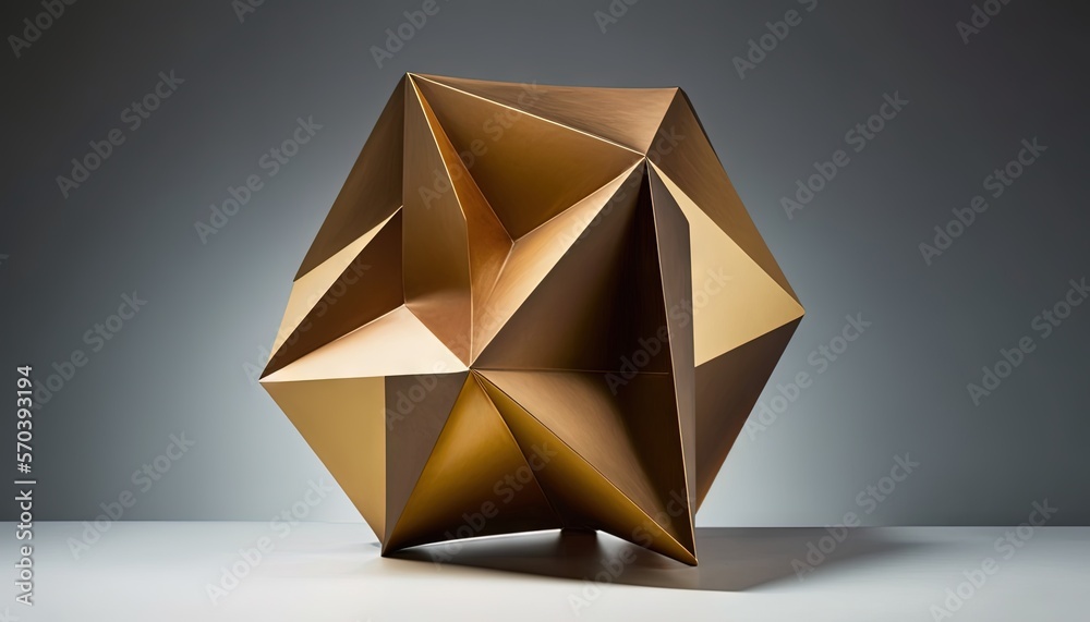a golden object sitting on top of a white table next to a gray wall and a gray wall behind the object is a triangular shaped object. generative ai a golden object sitting on top of a white table next to a gray wall and a gray wall behind the object is a triangular shaped object. generative ai