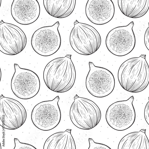 Vector seamless pattern with monochrome illustrations of raw figs in sketch style.