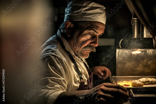 Collage of an experienced older chef in a chef's hat and white uniform cooking his favorite recipe, trying to get a michelin star. Nice studio cinematic atmosphere lighting. AI generative