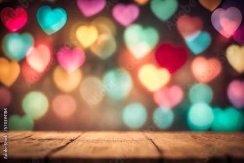 valentines day themed background with empty pastel color wooden table for product display, bokeh lights, copy space, hearts in the background - created with AI