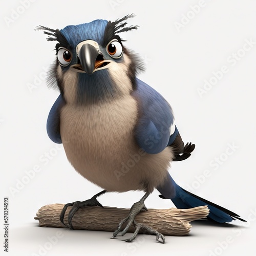  a blue and white bird sitting on top of a wooden branch with a surprised look on its face and eyes, with a white background.  generative ai photo