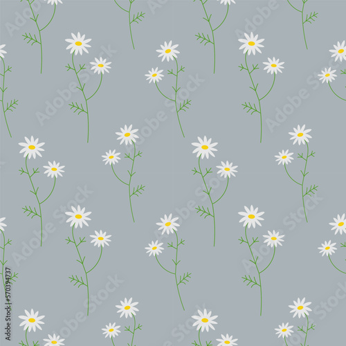 Cute repeating seamless pattern with daisies on a gray background, floral motif. Hand drawn background with flowers. Suitable for textiles, packaging design, postcards, baby products