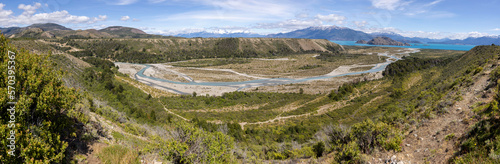 Aerial View of a creek flowing to the beautiful Lago General Carrera in southern Chile - Traveling the Carretera Austral - panorama