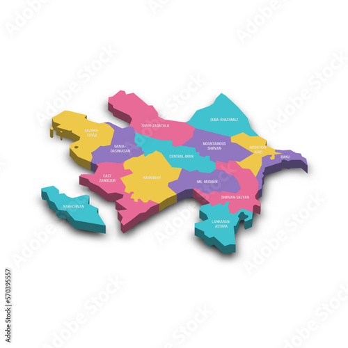 Azerbaijan political map of administrative divisions - districts, cities and autonomous republic of Nakhchivan. Colorful 3D vector map with dropped shadow and country name labels. photo